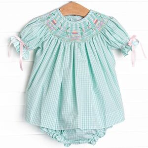 Easter Smocked Mint Gingham Baby Dress with Bloomer Set